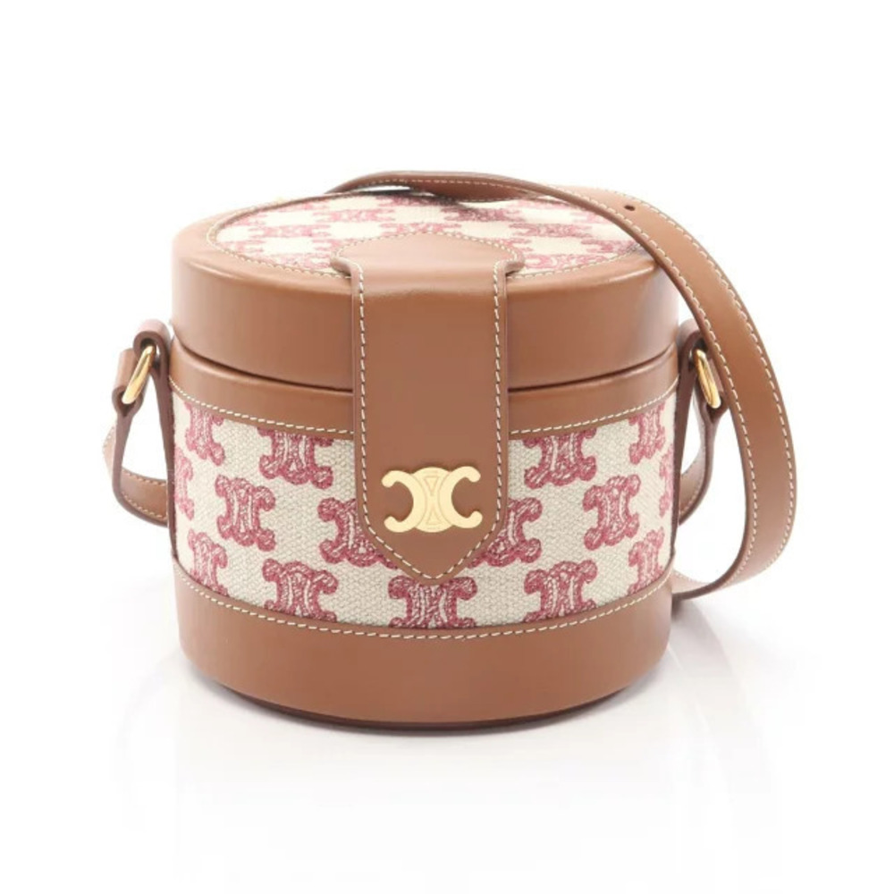 Celine TAMBOUR Triomphe Shoulder Bag Canvas Leather Ivory White Red Brown